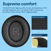 A close-up of a black ear pad for headphones, with inset images showing the material composition and descriptive text. Produktbild-Vorschau
