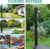 A collage of images showing a black outdoor shower in different settings: next to glamping tents, by a swimming pool, and at a water park. Produktbild-Vorschau