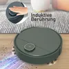 A robotic vacuum cleaner is shown cleaning a floor, with a close-up inset showing a hand interacting with its touch control. Text indicates inductive touch functionality. Produktbild-Vorschau