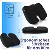 A marketing image showing a black ergonomic seat cushion with dimensions and branding. Produktbild-Vorschau