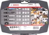 The image shows the packaging of a Bosch Starlock-Set Best of Cutting 5tlg. with various cutting blades and their applications illustrated. Podgląd zdjęcia produktu