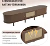A dark walnut TV stand with rattan door frames, shown with a close-up of the rattan detail and airflow arrows. Náhled obrázku produktu