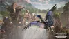 A robotic bird-like creature flying over a waterfall and a village in a lush, green environment. Produktbild-Vorschau