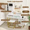 A white vanity table with a mirror and various storage compartments, set up in a room. Podgląd zdjęcia produktu