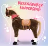 A large plush horse toy with a saddle and bridle, set against a gradient background with decorative elements. Podgląd zdjęcia produktu