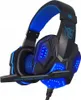 A close-up studio shot of a black gaming headset with blue LED lighting. Produktbild-Vorschau