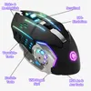 A gaming mouse with colorful RGB lighting, with labels pointing out its features. Produktbild-Vorschau