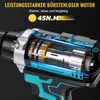 A cutaway view of a cordless drill's internal motor and gears, with marketing text overlay. Produktbild-Vorschau