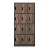 A tall, narrow metal locker unit with 12 compartments, each with a wood-grain finish door and a black handle. Anteprima dell’immagine prodotto