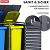 A close-up view of a grey trash bin enclosure with two bins inside, one yellow and one blue. The lid of the yellow bin is open, showing a magnetic closure and soft close mechanism. Náhled obrázku produktu