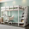 A white loft bed with a desk and stairs, set against a light green wall. Produktbild-Vorschau