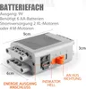 A close-up view of a battery box with dimensions and labels indicating its features and specifications. Produktbild-Vorschau