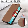 A brown leather flip wallet phone case is shown open, with red arrows indicating a magnetic closure feature. A laptop is partially visible in the background. Produktbild-Vorschau