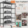 A multi-shelf metal storage rack with weights on each shelf to demonstrate load capacity, along with inset images showing the rack in use and its dimensions. Produktbild-Vorschau