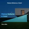 A security camera is shown mounted on a modern house at night, with a blue cone indicating its field of vision projected onto the lawn. Text overlays describe its features. Náhľad obrázku produktu