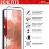 A screen protector is shown on a smartphone, with accompanying text and icons detailing its benefits. Produktbild-Vorschau
