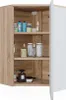 An open corner cabinet with shelves displaying various toiletries and cosmetic products. Podgląd zdjęcia produktu