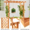 A wooden planter box with a trellis attached, decorated with artificial ivy and hanging plants. Close-up insets show details of the trellis, connection points, and planter construction. Náhled obrázku produktu