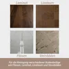 A collage of four different floor types: laminate, linoleum, tiles, and stone floors, with German labels for each. Below the collage is text in German about cleaning different floor coverings. Produktbild-Vorschau