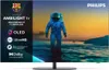 A television screen displaying an astronaut in space with a sunset background, with marketing text and logos on the left side. Produktbild-Vorschau