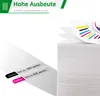 A stack of paper with a chart on top, and text indicating page yields for black and color printing. Produktbild-Vorschau