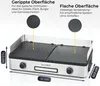 A close-up view of a KLAMER electric grill, showcasing its dual cooking surfaces and dimensions. Produktbild-Vorschau
