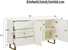 A white sideboard with gold accents and dimensions shown. Produktbild-Vorschau
