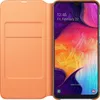 An open orange wallet-style phone case with a smartphone inside. The phone screen displays the time and date. Produktbild-Vorschau
