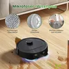 A robot vacuum cleaner is shown on a wooden floor, with close-up insets highlighting its microfiber mop pad features. Produktbild-Vorschau