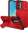 A red phone case with a kickstand and camera cover is displayed from multiple angles against a white background. Voir les images du produit