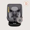 A gray car seat is shown from the front, with two circular icons in the upper right and lower right corners. Podgląd zdjęcia produktu