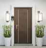 A front view of a wooden door with two wall-mounted lights and two potted plants. Podgląd zdjęcia produktu