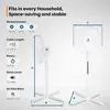 A collage of images and text displaying the specifications of a white stand fan. Produktbild-Vorschau