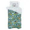 A children's duvet cover and pillowcase set with a koala face on the pillowcase and a repeating pattern of various animals on the duvet cover, laid out on a white background. Podgląd zdjęcia produktu