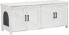 A white wooden cabinet designed to conceal a cat litter box, featuring four doors and an arched opening on the left side. Produktbild-Vorschau