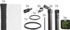 A collection of fence components and accessories, including a roll of mesh wire, posts, connectors, and a warning sign. Produktbild-Vorschau