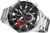 A close-up, angled shot of a Casio Edifice chronograph watch with a black dial and stainless steel bracelet, presented on a white background. Voir les images du produit