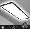 A rectangular LED panel light with a black frame, mounted on a ceiling, with a shadow cast below. Text overlays describe its features. Anteprima dell’immagine prodotto