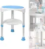 A collage of images showing a shower stool in different settings, including a close-up of the stool, a person using it for a foot bath, and an elderly person in a bathroom. Produktbild-Vorschau