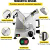 A commercial meat slicer with various features highlighted by callout boxes and text. Produktbild-Vorschau