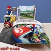 A bedroom scene with a Super Mario Kart themed duvet and pillow on a bed, along with Mario plush toys and a storage cube. Produktbild-Vorschau