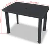 A dark gray plastic garden table with dimensions indicated by measurement lines and text. Podgląd zdjęcia produktu