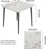 A square dining table with marble-like texture and black metal legs, shown from a slight angle, with a separate close-up of the tabletop texture and dimension labels. Produktbild-Vorschau