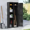 A black plastic garden storage cabinet with its doors open, showing shelves stocked with various gardening tools and supplies, placed outdoors on a paved patio next to a white wall and a wooden fence. Produktbild-Vorschau