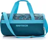 A studio shot of a teal and blue duffel bag with a tropical leaf pattern. Produktbild-Vorschau