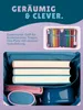 A marketing image showing a school backpack set with various items inside and text describing its features. Produktbild-Vorschau