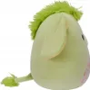 A side view of a light green plush toy with green fuzzy hair and a tail, and a pink and orange floral pattern on its side. Produktbild-Vorschau
