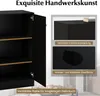Close-up view of a black cabinet with open doors, showing shelves, and inset images highlighting product features. Podgląd zdjęcia produktu