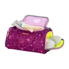 A purple duffel bag with a star pattern, open to show clothing and slippers inside. Produktbild-Vorschau