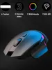 A gaming mouse with RGB lighting against a dark background, with feature icons and text above. Produktbild-Vorschau